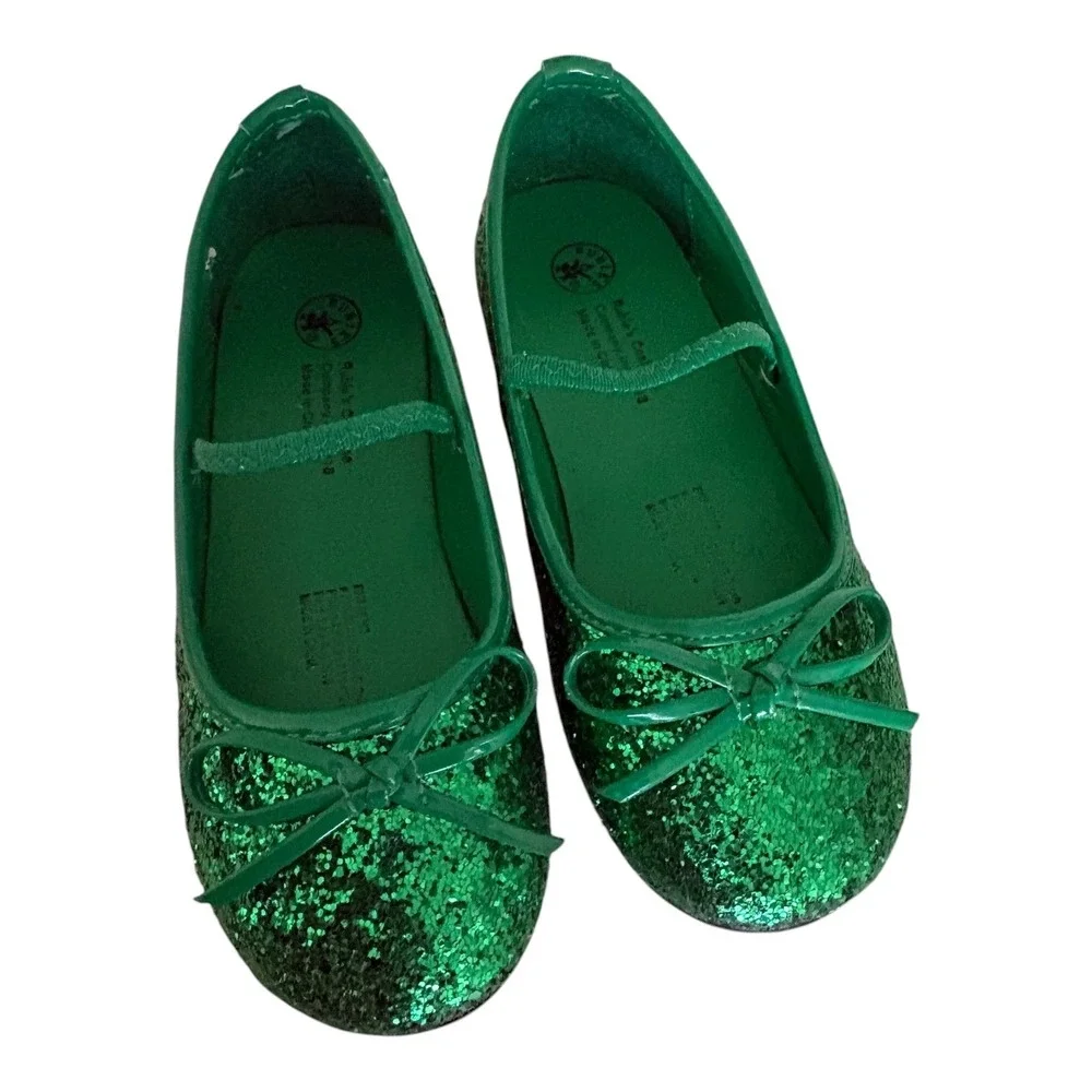 Rubies Costume Green Glitter Mary Jane Flats Girls Bow Dress Shoes 8.25 Inch